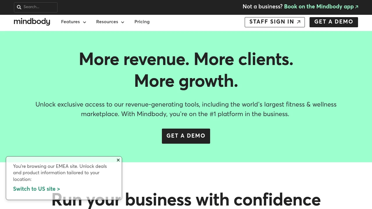 Screenshot of Mindbody website