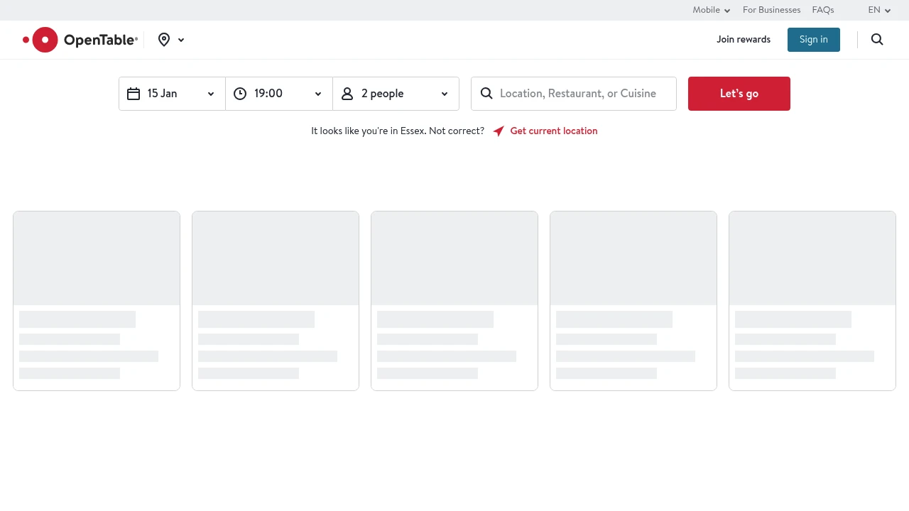 Screenshot of OpenTable website